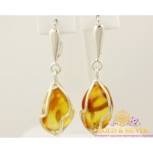 Серебряные серьги 925 проба. Женские серьги с вставкой янтарь, 6,65 грамма. 12220