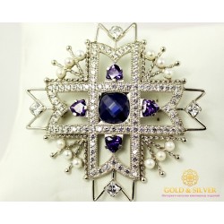 Серебряная Брошь 925 проба. Брошь "Орден" с синим камнем. 670026