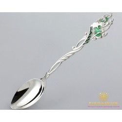 Серебряная ложка 925 проба. Ложка детская десертная малая. Кузнечик с эмалью 6038.