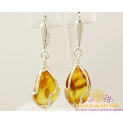 Серебряные серьги 925 проба. Женские серьги с вставкой янтарь, 6,65 грамма. 12220