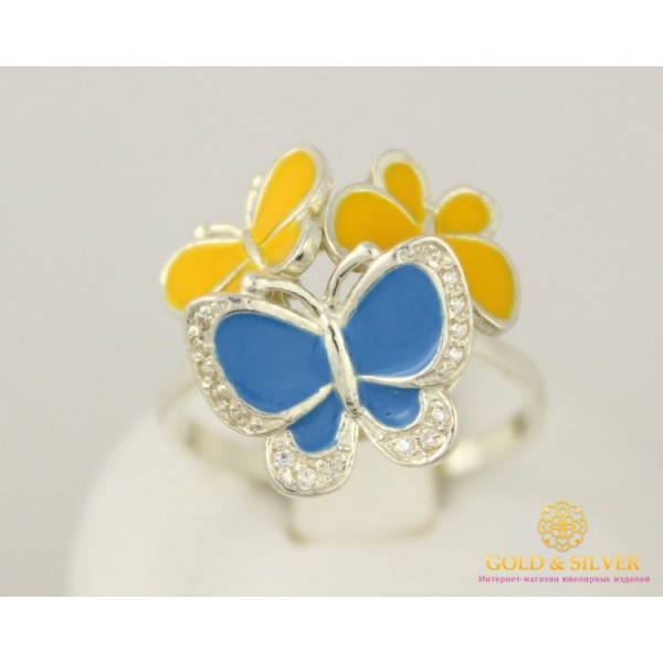 Gold & SilverСеребряное кольцо 925 проба. Женское кольцо 'Украинские Бабочки' с желтой и синей эмалью. 016510